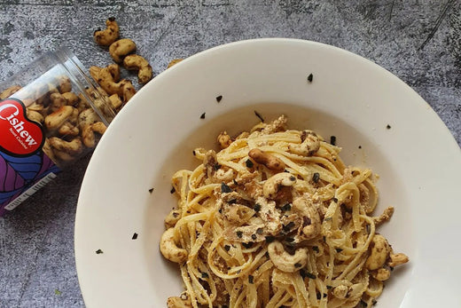 Vegetarische spaghetti met vega gyros & Cishew Shiitake